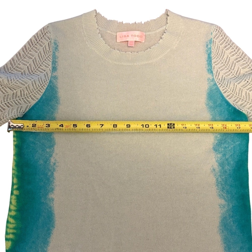 Lisa Todd 100% Cashmere Sweater Blue Green Ombre Pointelle Crewneck Chic Size XS - Picture 9 of 14